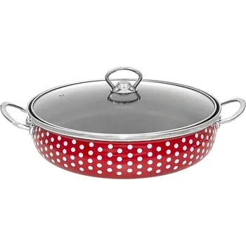 Hrnec Pánev červená s jennými puntíky a skleněnou poklicí 28 cm (pánev 26 cm červená s jemnými bílými puntíky s nepřilnavým povrchem a skleněnou poklicí)