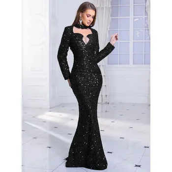 Dámské šaty Pouzdrové šaty s flitry a obojkem Barva: Černá, Velikost: XL