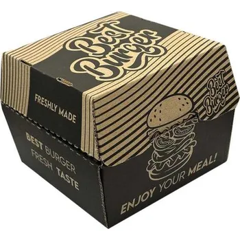 Jednorázové nádobí box na hamburger kraft 130x130x110mm - hnědý s potiskem (100 ks/balení)