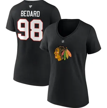 Dámské tričko Fanatics Dámské tričko Connor Bedard #98 Chicago Blackhawks NHL Draft 2023 Stack Logo Name & Number V-Neck Black Velikost: S