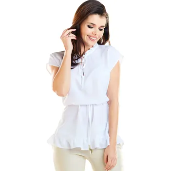 Dámská halenka Halenka s krátkým rukávem, volánkem a vázáním A269 Barva: Bílá, Velikost: XL