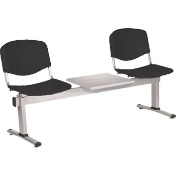 VINCENZA - 3 S, plastová lavice do čekárny, 2-sedák, stolek, černá, kostra stříbrná