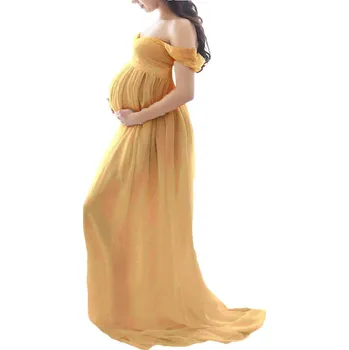 Dámské oblečení Maxi šaty pro těhotné s odhalenými rameny Barva: Žlutá, Velikost: L