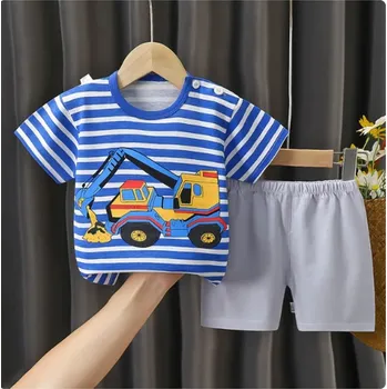 Dětské (kojenecké) letní pyžámko - tričko + kraťásky (vel. od 6 měs. do 6 let) Barva: styl 1 - modrý proužek s autem, Velikost: 110/3-4 roky