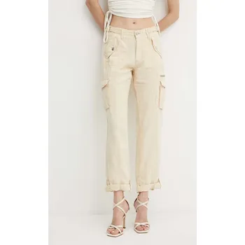 Dámské kalhoty Kalhoty s příměsí lnu Guess NESSI béžová barva, kapsáče, high waist, W4GA0A WG8N0 W4GA0A.WG8N0 08X, vel. 27
