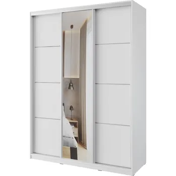 Šatní skříň Šatní skříň NEJBY BARNABA 150 cm s posuvnými dveřmi, zrcadlem, 4 šuplíky a 2 šatními tyčemi, bílá +možnost VÝNOSU + PROVĚŘENO zákazníky + vyzvednutí ZDARMA