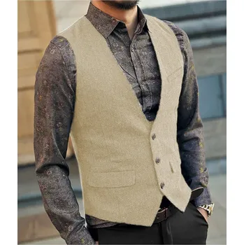 Pánský oblek Pánská tweed vesta k obleku elegantní Barva: Šampaňská, Velikost: XL