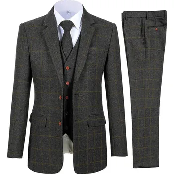 Pánský oblek Pánský tvídový oblek 3v1 kalhoty, sako a vesta Barva: Černá, Velikost: Šití na míru