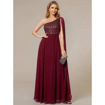 Dámské šaty Plesové šaty s na jedno rameno s jedním visacím rukávem Barva: Bordová, Velikost: 4XL