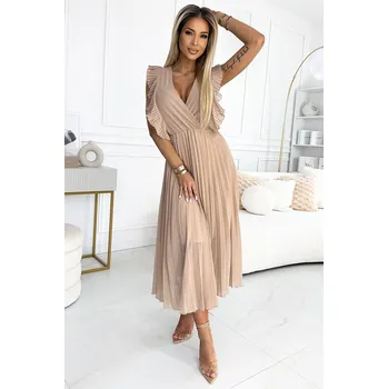 Dámské oblečení Elegantní tmavě béžové šaty BRENDA s plisovanou sukní 315-6 Velikost: S