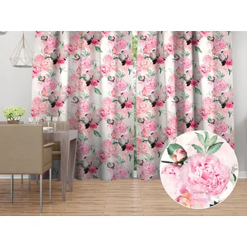 ubrus Sametový závěs Tamara TMR-037 Růžové pivoňky na bílém 135x140 cm