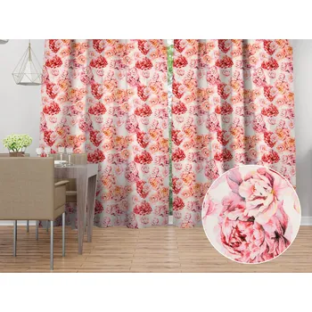 ubrus Sametový závěs Tamara TMR-041 Růžovo-červené pivoňky na bílém 135x140 cm