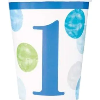 Kojenecká láhev UNIQUE Papírové kelímky 1. narozeniny modré s puntíky 270 ml 8 ks