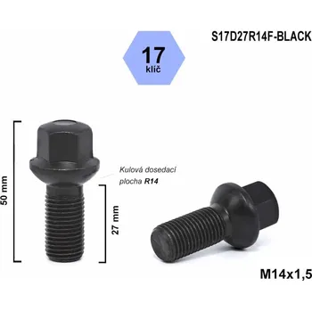 Šroubek na kolo Kolový šroub M14x1,5x27 koule R14, klíč 17, S17D27R14F-BLACK černý, výška 50