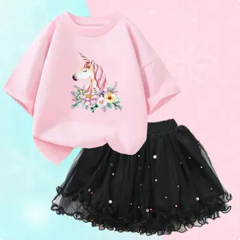 Unicorn (Jednorožci) Dívčí letní set - nařasená TUTU sukně + bavlněné tričko s motivem jednorožce Varianta: set 31 (růžové tričko+černá sukně), Velikost: 14 let/160