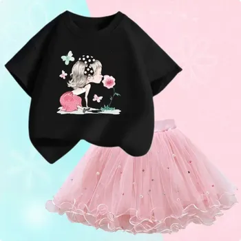 Dívčí letní set - nařasená TUTU sukně + bavlněné tričko s motivem dívky s květinkou (Cute little Girl) Varianta: set 4 (černé tričko+růžová sukně), Velikost: 4 roky/110