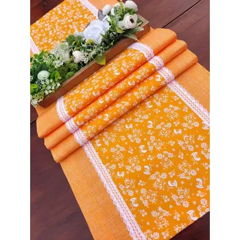 ubrus Běhoun - folklórní ptáčci na oranžové v kombinaci s oranžovou v režném efektu