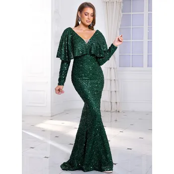 Dámské šaty Plesové šaty s volánem a dlouhými rukávy Barva: Zelená, Velikost: L