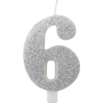 Dortová svíčka Svíčka číslo 6 stříbrná s glitrem gi50456