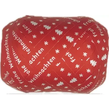 Stuha Vánoční vázací stuha červená (velké Mega klubko) 10mm x 20m (Vánoční vázací stuha červená, bílý potisk Frohe Weihnachten, polypropylén)