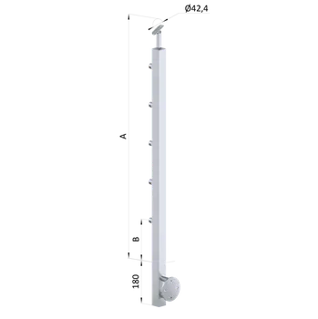 Zábradlí KOVIAN, s.r.o. Nerezový sloup, boční kotvení, 5 řadový průchodný, venkovní, vrch nastavitelný, (40x40 mm), broušená nerez K320 / AISI304