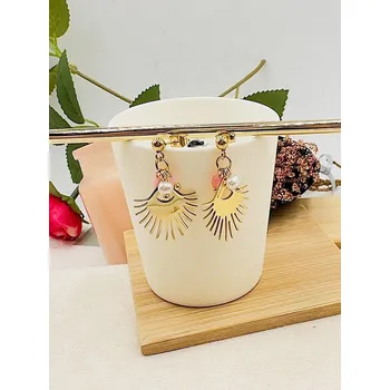 Náušnice B&E Bijoux Dámské visací náušnice zlaté z chirurgické oceli, růžové s korálky