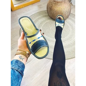 Dámské pantofle Dámské kožené papuče model 98 - modré s imitací krajky, VELIKOST 41