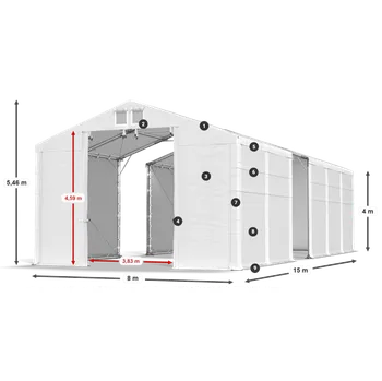 Zahradní stan Skladový stan 8x15x4m střecha PVC 620g/m2 boky PVC 620g/m2 konstrukce POLÁRNÍ Bílá Bílá Bílá