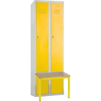 Šatní skříň Kovová šatní skříňka s lavičkou, 60 x 85 x 185 cm, sokl, otočný zámek, žlutá - ral 1023