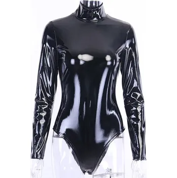 Dámské erotické body Sexy lesklé latexové body s rolákem Barva: Černá, Velikost: L