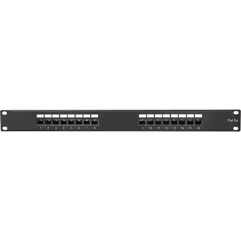 Patch panel Masterlan patch panel 19", 16xRJ45, Cat5e, 1U, UTP, s vyvazovací lištou, černý
