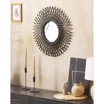 Zrcadlo Nástěnné zrcadlo černé ratanové 60 cm ve tvaru slunce boho kulaté závěsné háčky obývák ložnice Beliani