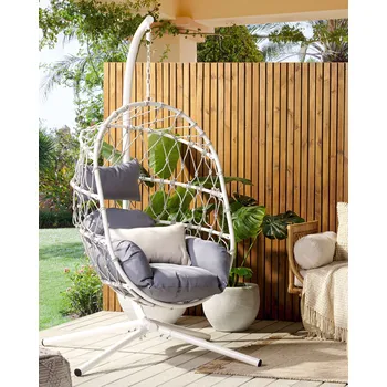 Křeslo Závěsné houpací křeslo bílé se sedákem kovový stojan boho rustikální styl obývací pokoj terasa Beliani