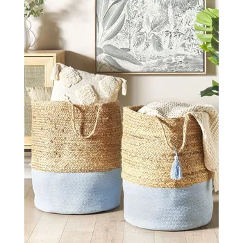 Úložný box Sada 2 úložných košů bavlněné jutové modrá a přírodní 50 cm koše na prádlo boho Beliani