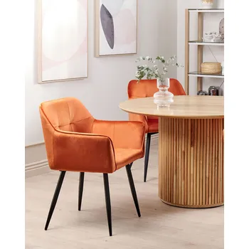 Jídelní židle Sada 2 jídelních židlí oranžové sametové čalouněné židle s opěrkami rukou černé kovové nohy Beliani