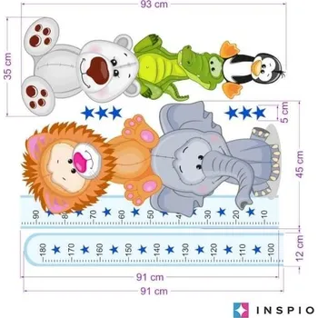 Dětské samolepky na zeď - Modrý metr s barevnými zvířátky (180 cm)
