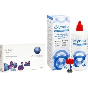 Kontaktní čočky Měsíční kontaktní čočky Biofinity Toric (6 čoček) + Oxynate Peroxide 380 ml s pouzdrem Biofinity