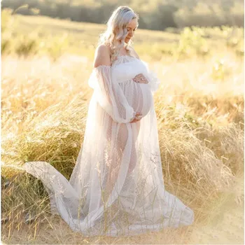 Dámské šaty Dlouhé průsvitné šaty s odhalenými rameny na těhotenské focení Barva: Bílá, Velikost: XL