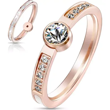 Prsten Ocelový prsten v měděném odstínu - perleťový pás, kulaté zirkony čiré barvy, 2 mm - Velikost: 52