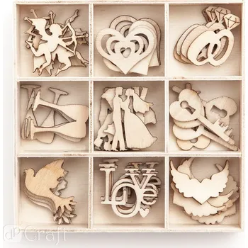 Dřevěné ozdoby v boxu - svatba 45 ks