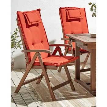 Sada 2 zahradních židlí tmavé akáciové dřevo přírodní červené polštáře nastavitelné skládací venkovský rustikální styl terasa zahrada Beliani