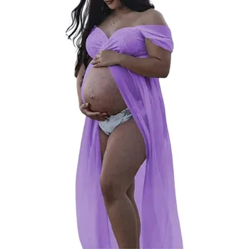 Dámské šaty Dlouhé šaty se spadlými rameny na těhotenské focení (10 barevných variant) Barva: nachová, Velikost: L