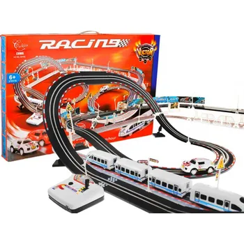 Vláček a vláčkodráha Ramiz Elektrická železnice Racetrack 2v1 pro děti 6+ na dálkové ovládání + lokomotivy + vagóny + autíčka