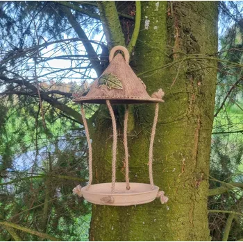 Krmítko pro ptáka Krmítko z keramiky se zeleným lístkem s kulatou stříškou