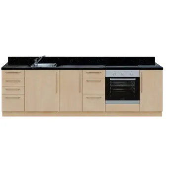 Dětská kuchyňka KUCH - CV280 cvičná kuchyňka, vybavení - dřez + baterie + trouba + varná deska, 870x2800x600 mm, bříza světlá + deska černá andromeda