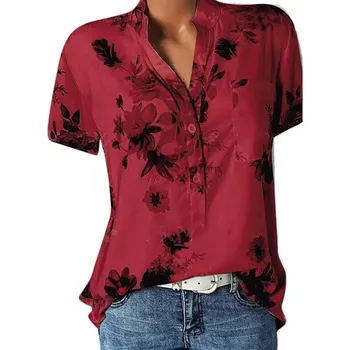 Dámská halenka s květinovým vzorem Barva: Červená, Velikost: 4XL