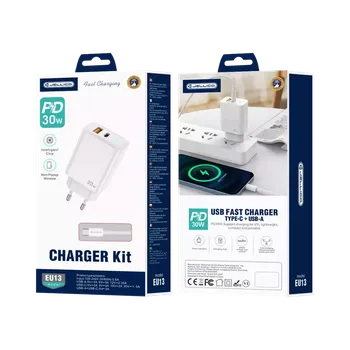 Jellico síťová nabíječka EU13 GaN PD 30W 1x USB-C + 1x USB QC3.0 + kabel USB-C / USB-C bílý set