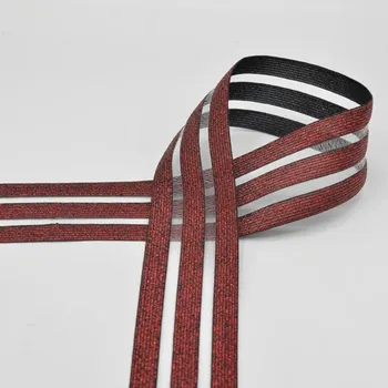 Textilie Transparentní pruženka, lurexové pruhy, 50mm - černá, červený lurex