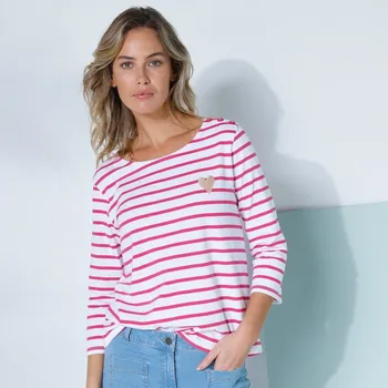 Dámské tričko Pruhované tričko s výšivkou srdce, bio bavlna bílá/malinová 54