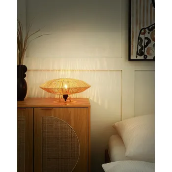 Stojací lampa Přírodní stolní lampa slaměné stínidlo černá základna železná noční lampa boho osvětlení do ložnice obývacího pokoje Beliani